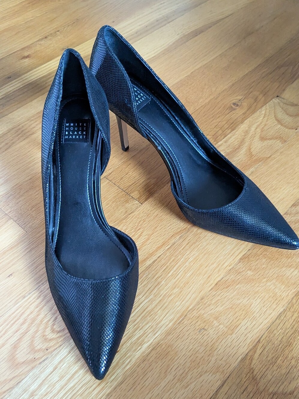 White House Black Market Black Pointed Faux-Snakeskin Stiletto Heels